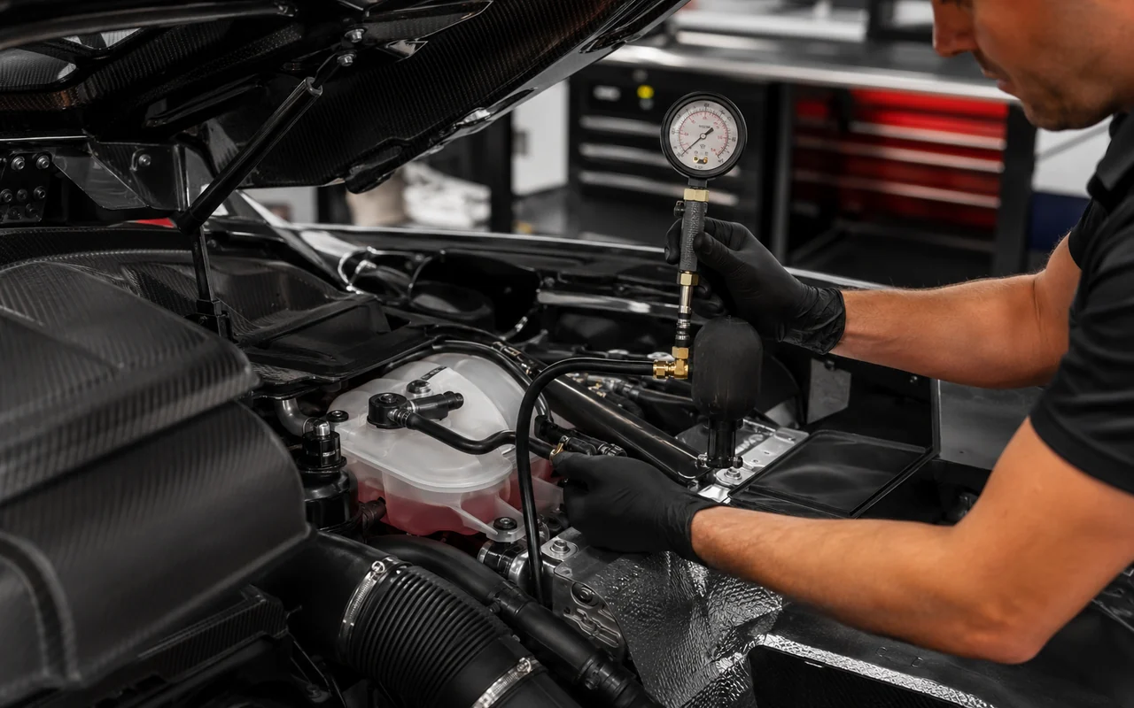 Cooling system pressure test on a supercar